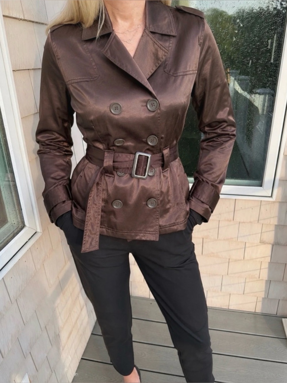 Miss Lili Vintage Y2K Brown Satin Trench Jacket Belt 90s Carolyn Bessette Preppy
